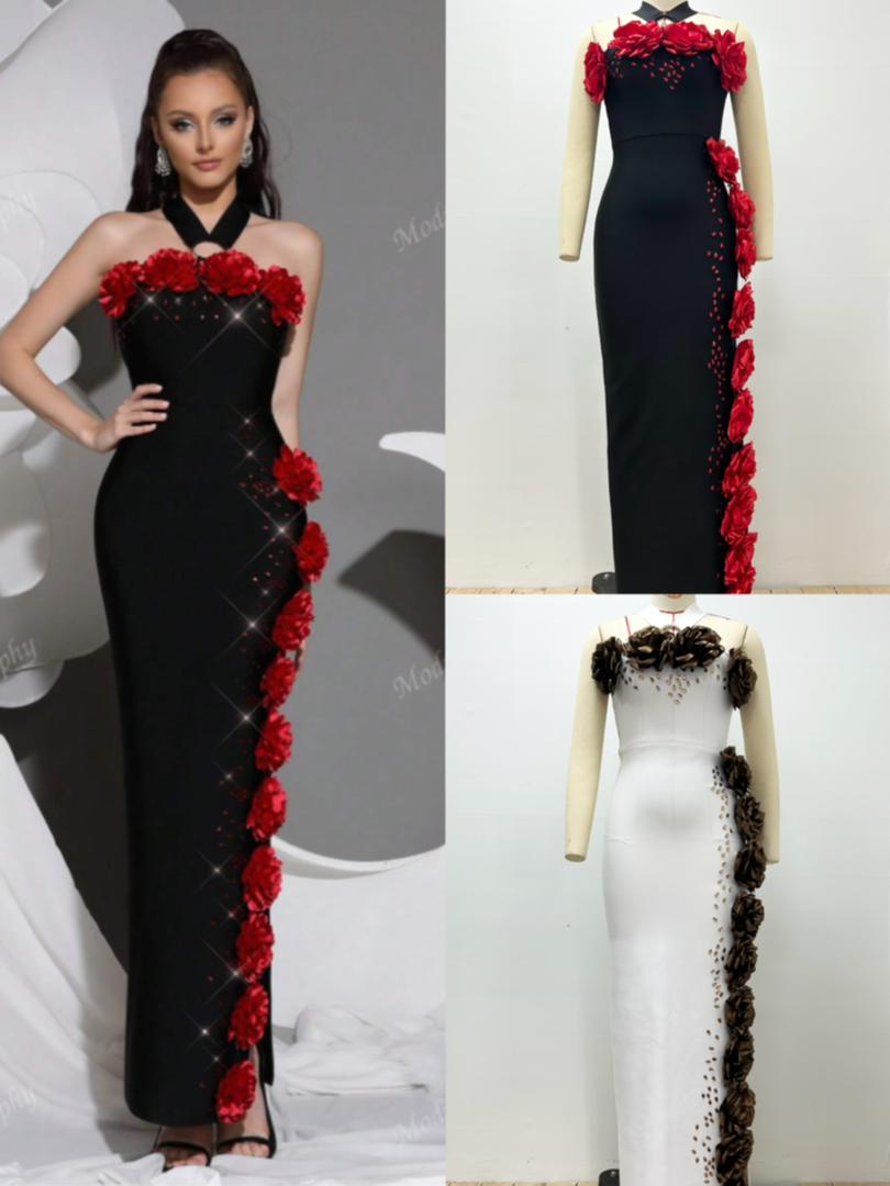 658 Black and Red 3D Floral Embellished Maxi Gown