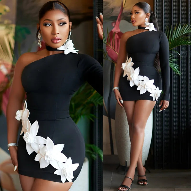 672 One-Shoulder Mini Dress with White Floral Appliqués