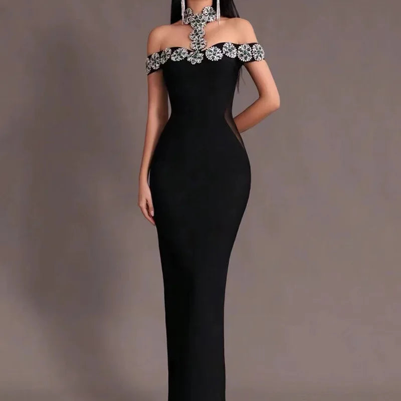 466 Cold-Shoulder Jewel Trim Maxi Dress