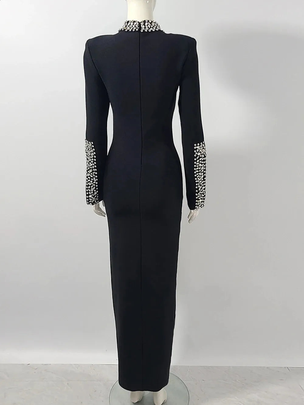 521 Jeweled High-Neck Long-Sleeve Gown