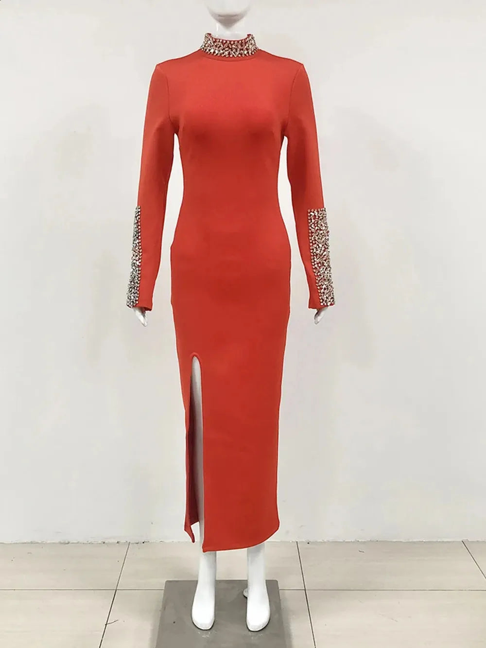 521 Jeweled High-Neck Long-Sleeve Gown