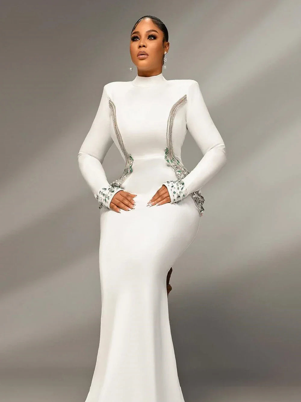 526 Jewel-Embellished Long-Sleeve Hourglass Gown