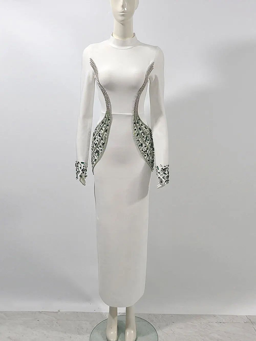 526 Jewel-Embellished Long-Sleeve Hourglass Gown