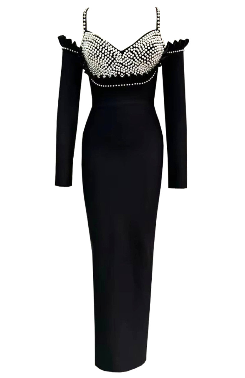 527 Black Pearl Embellished Cold Shoulder Long-Sleeve Bandage Gown