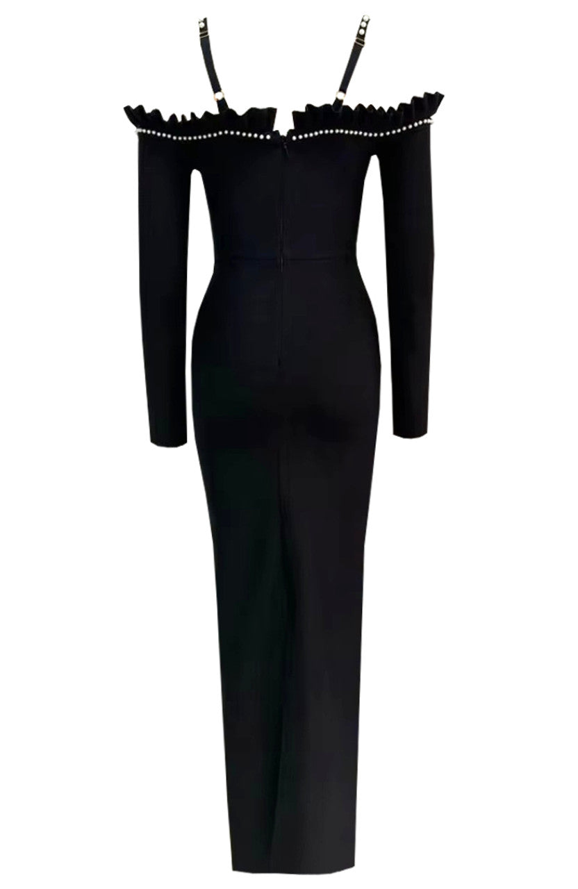 527 Black Pearl Embellished Cold Shoulder Long-Sleeve Bandage Gown