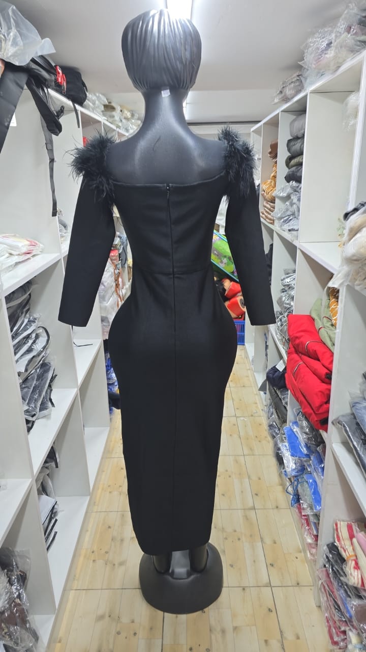 580 Black Feather Trim Long-Sleeve Rhinestone Bodycon Midi Dress