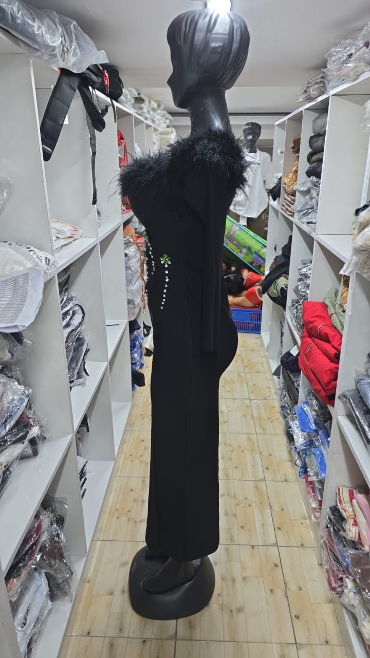 580 Black Feather Trim Long-Sleeve Rhinestone Bodycon Midi Dress