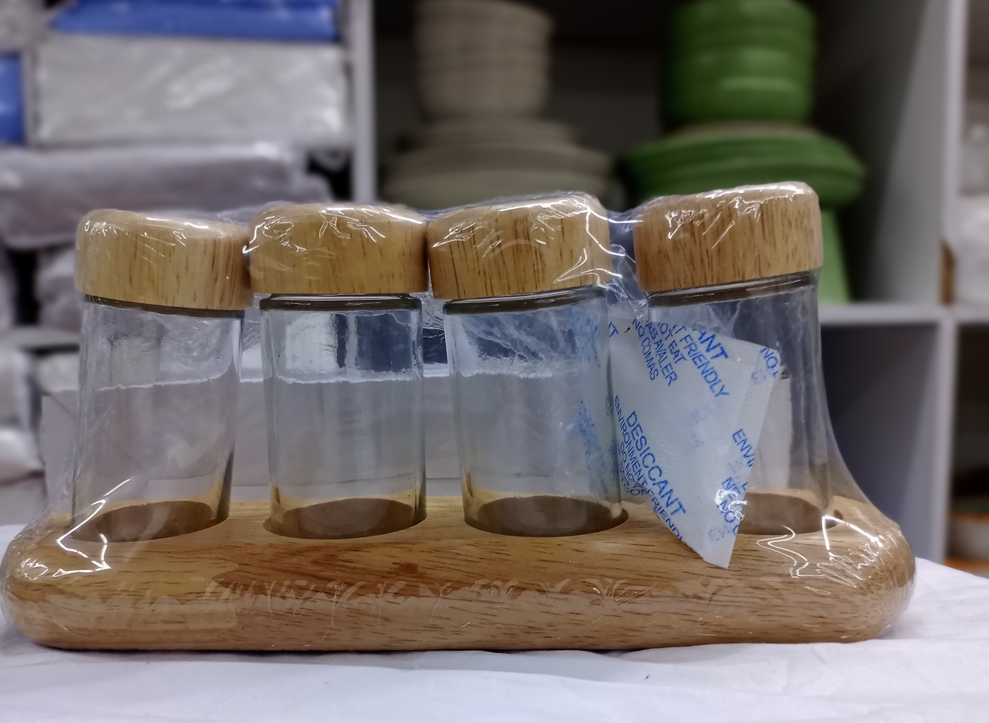 4-Piece Glass Spice Jar Set with Wooden Base