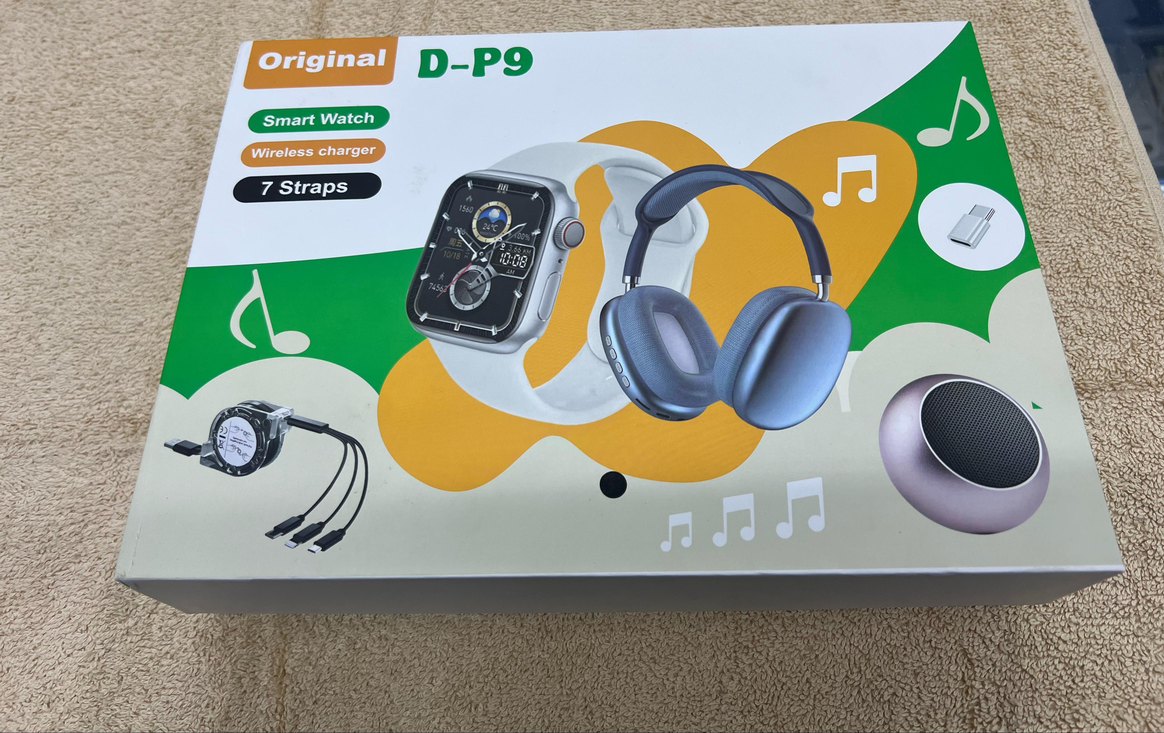 D-P9 Smartwatch with Wireless Charger, Bluetooth Headphones, and 7 Straps