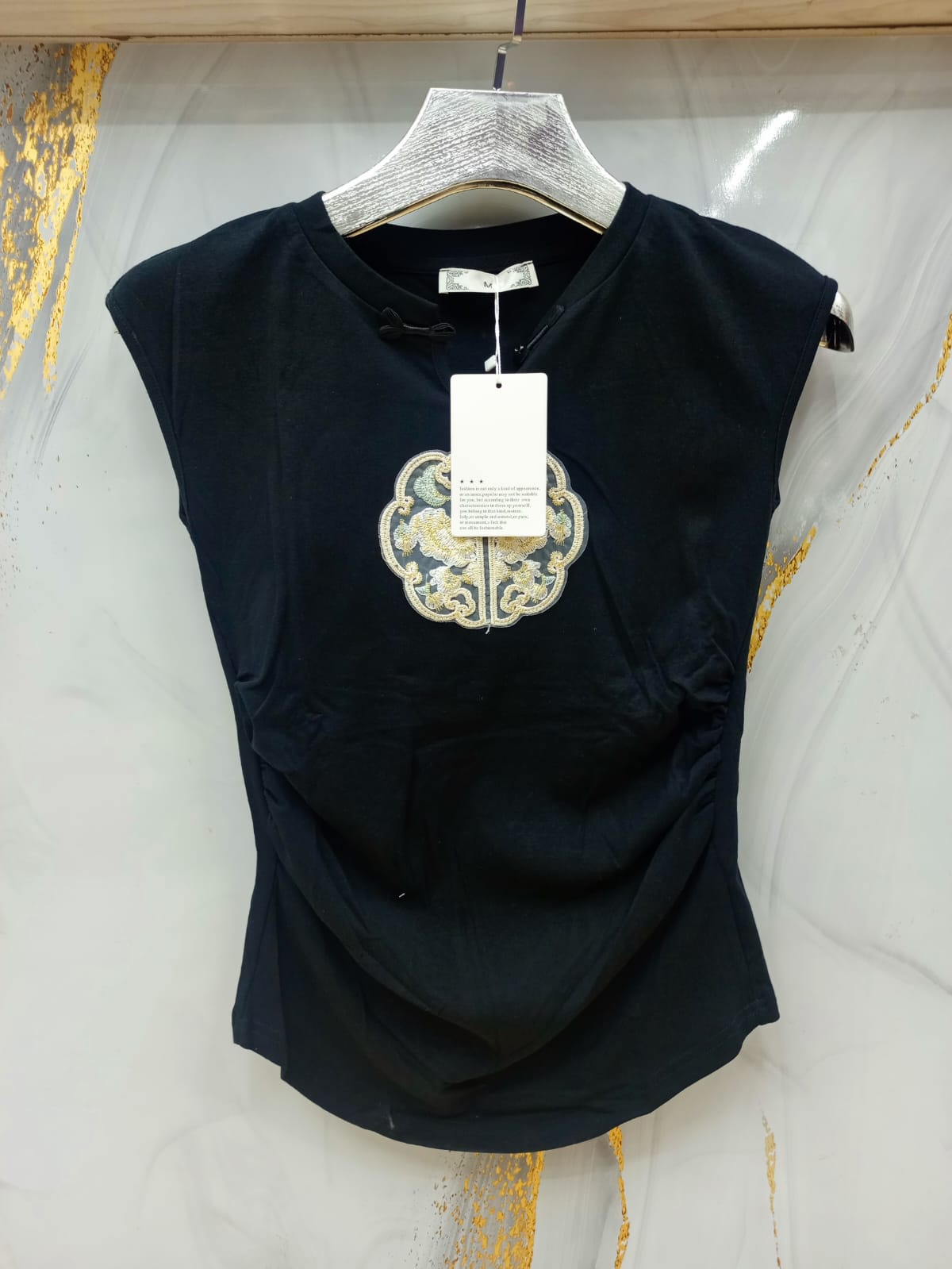 Embroidered Mandarin-Style Short Sleeve Top