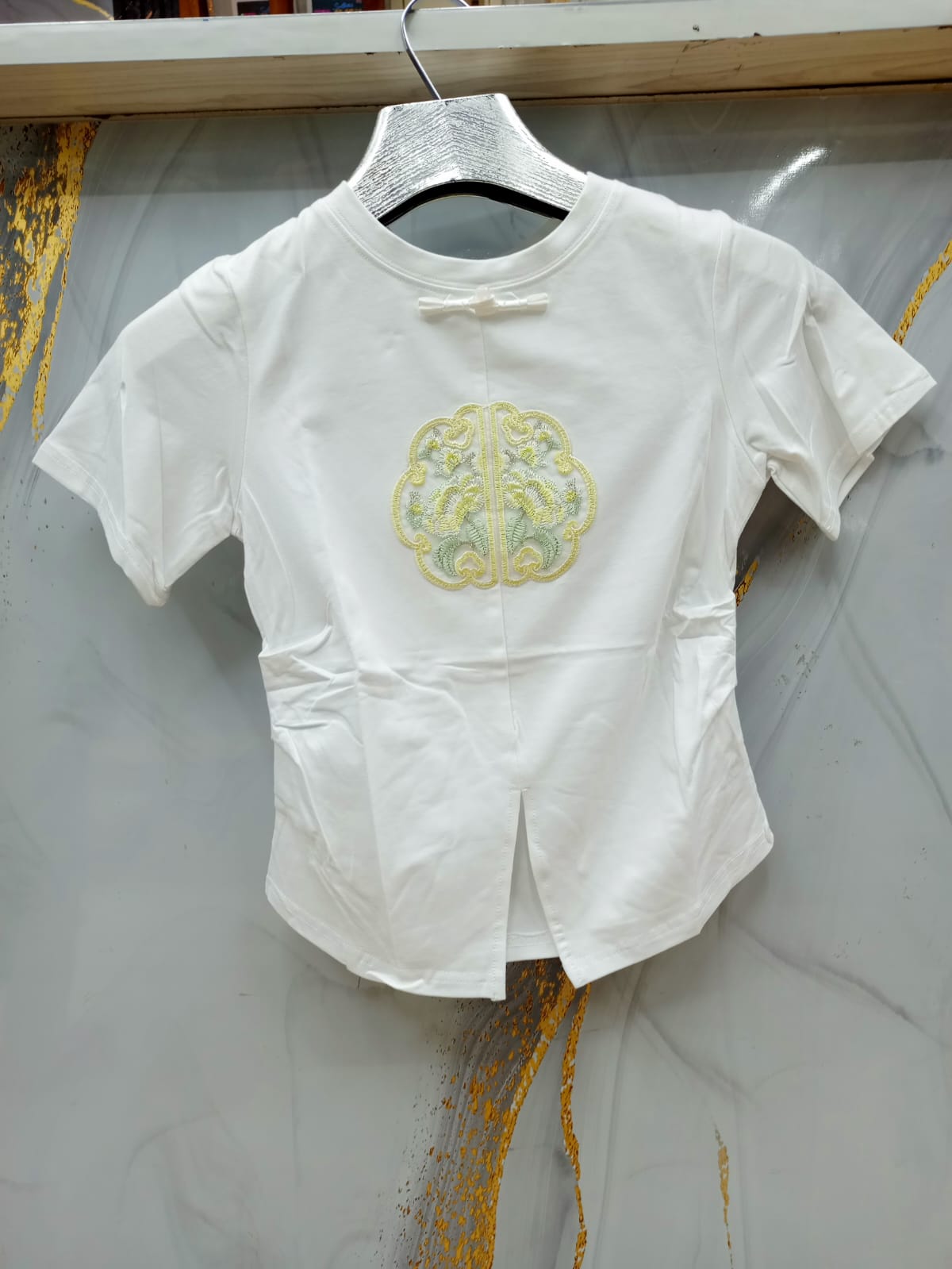 Embroidered Mandarin-Style Short Sleeve Top