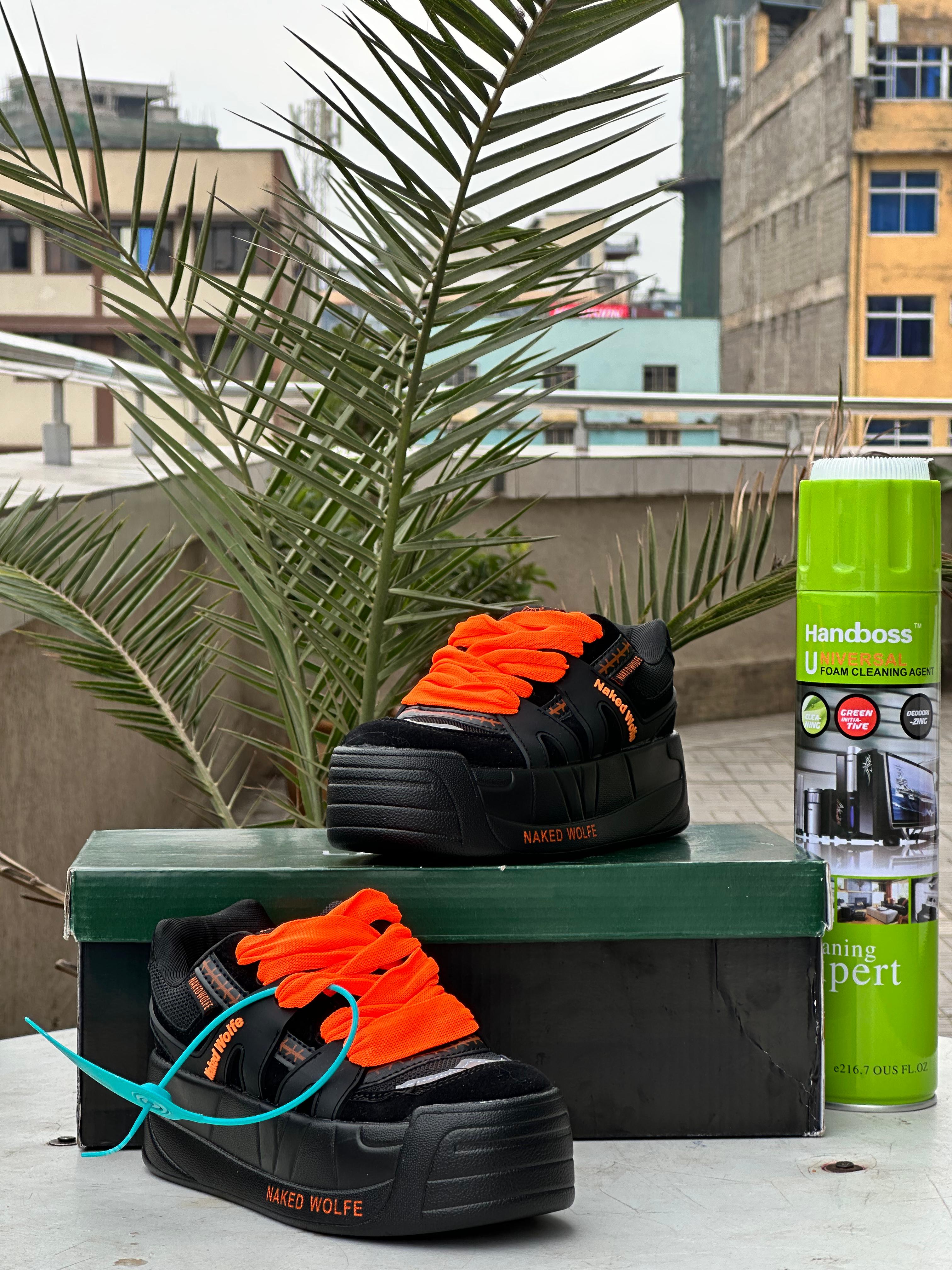 Naked Wolfe Kids Sneakers – Black & Neon Orange