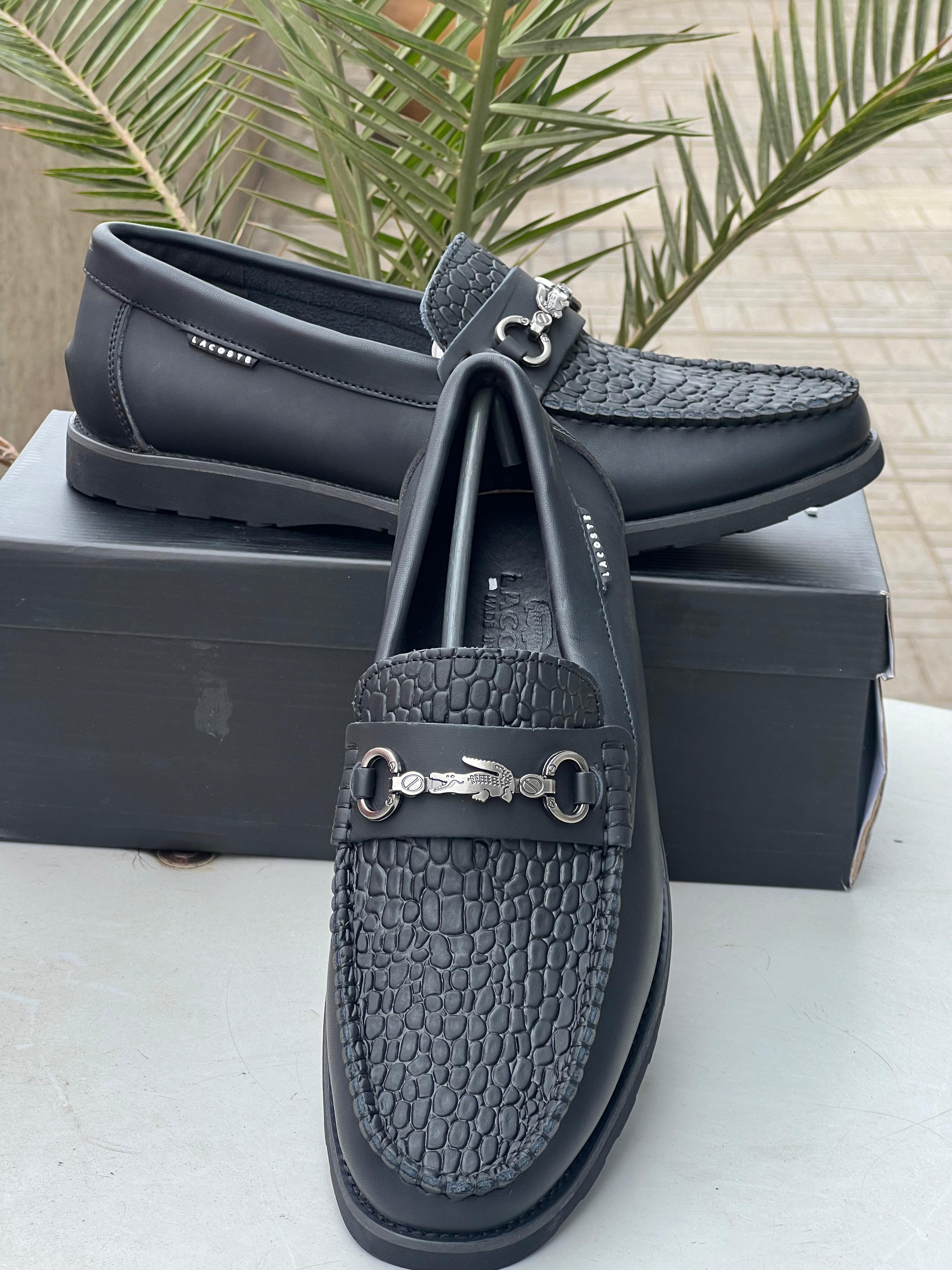 Lacoste Men’s Loafers – Black Textured Leather with Signature Detailing