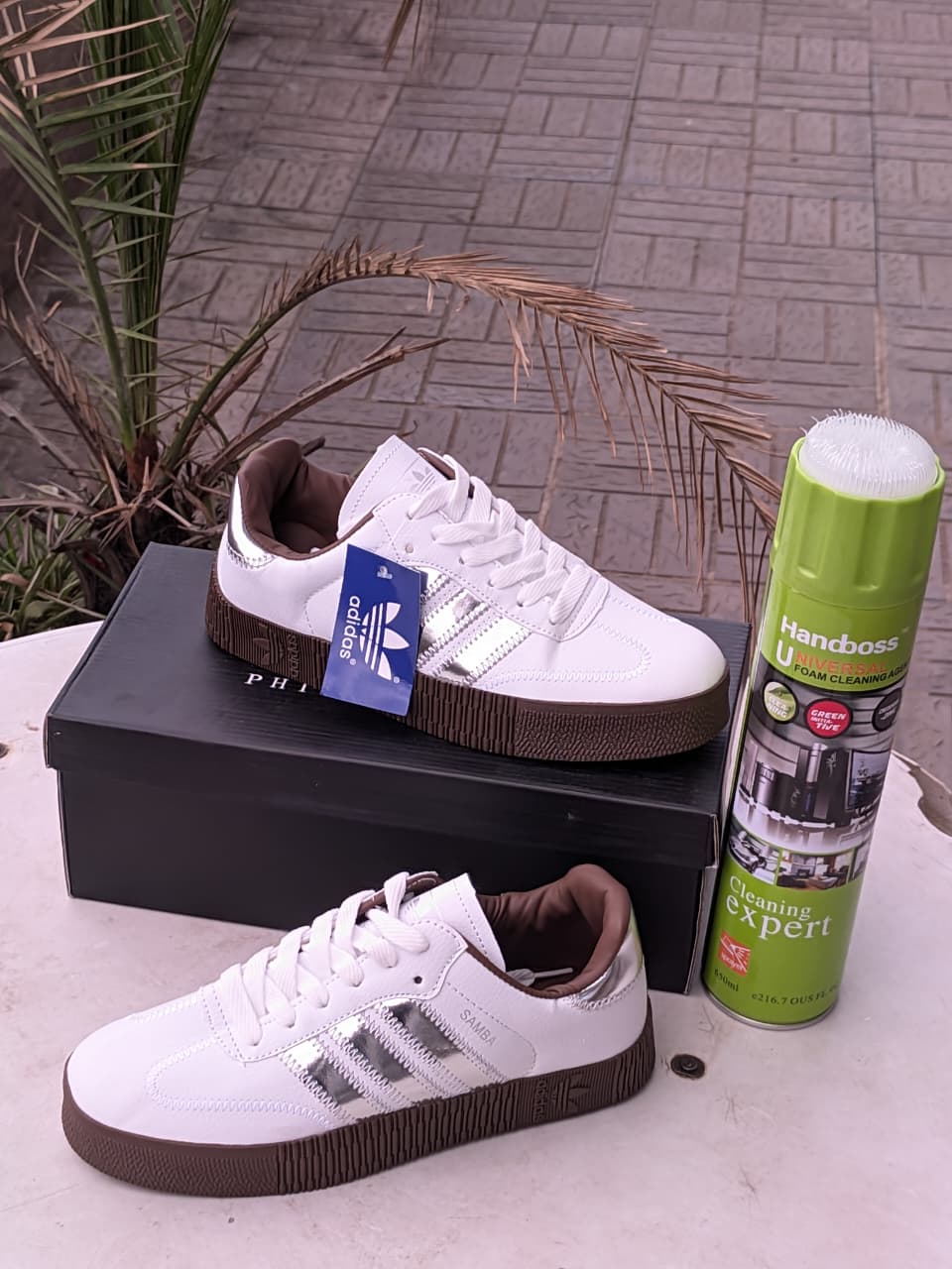 Samba Double Sole- White silver Brown Sole