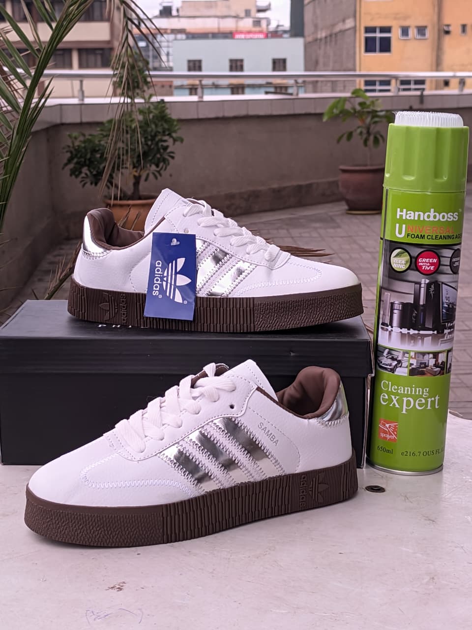 Samba Double Sole- White silver Brown Sole