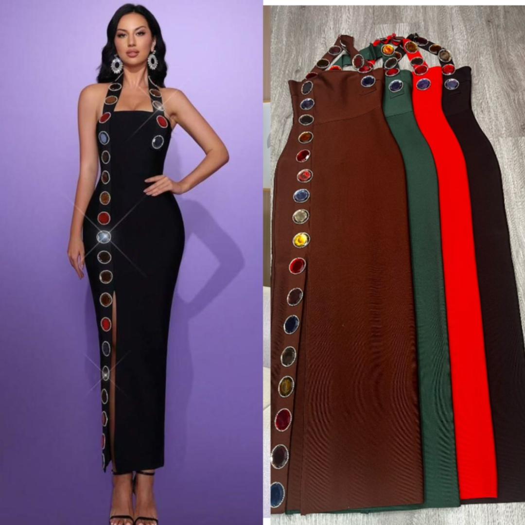 Jeweled Slit" Bandage Halter Gown