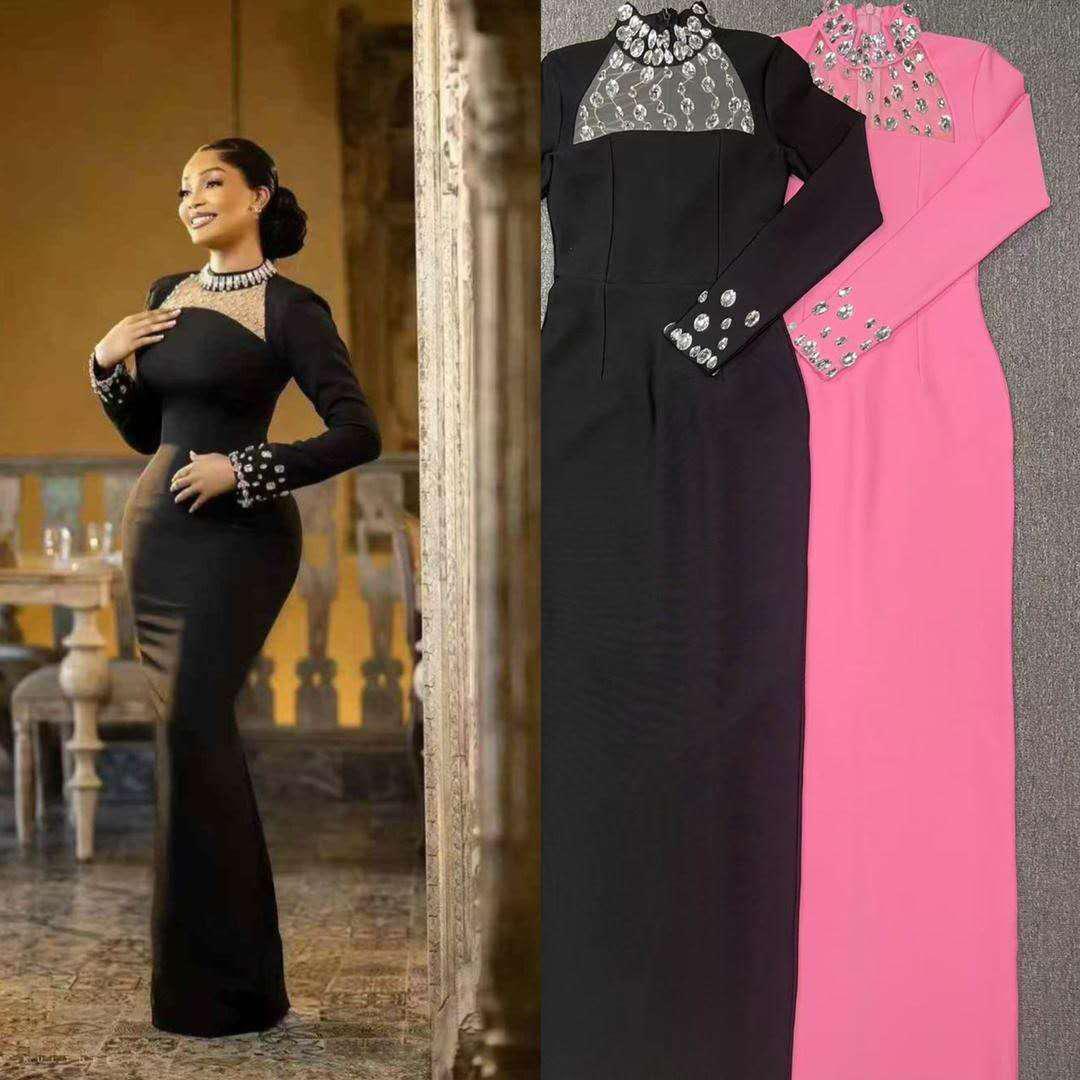 520 Crystal-Collar Mesh Yoke Long Sleeve Gown