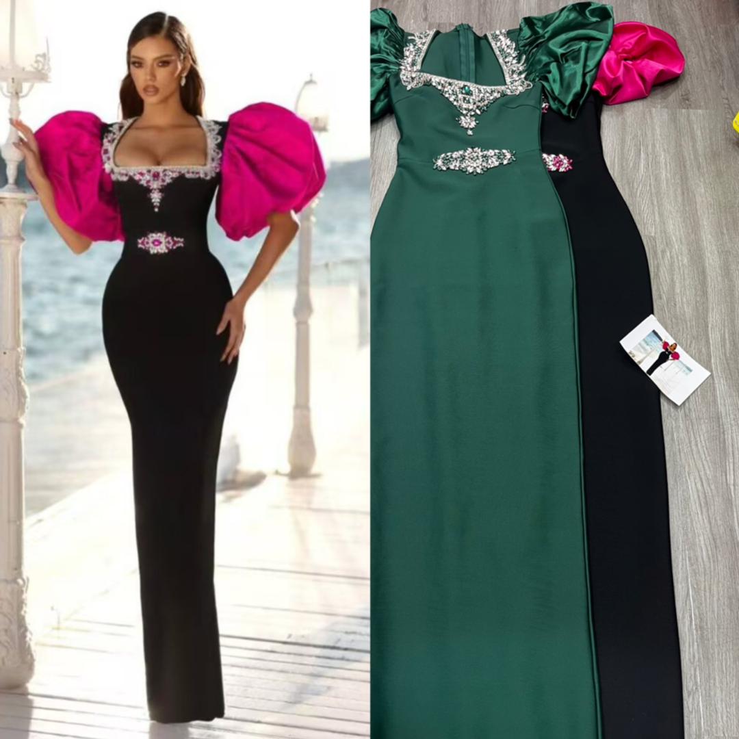 630 Jeweled Sweetheart  Puff-Sleeve Midi Dress