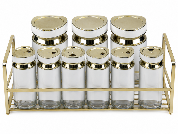 Luxury Spice Jars Set with Gold Metal Rack – Modern Kitchen Seasoning ...