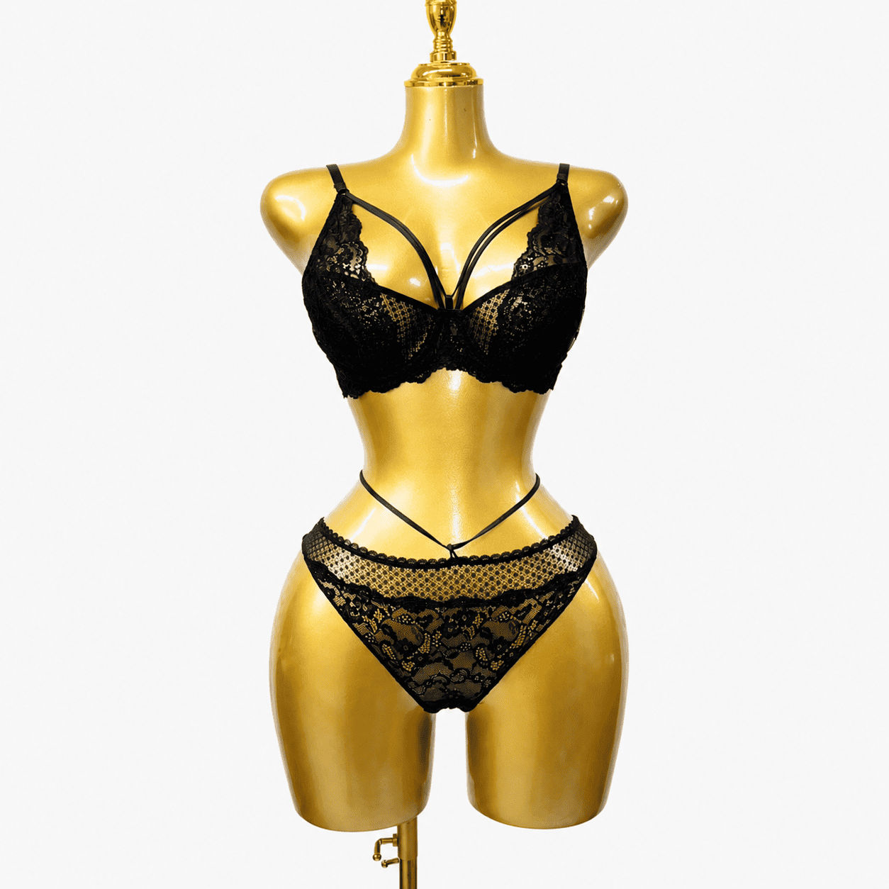 Elegant Black Lace Strappy Bra & Panty Lingerie Set