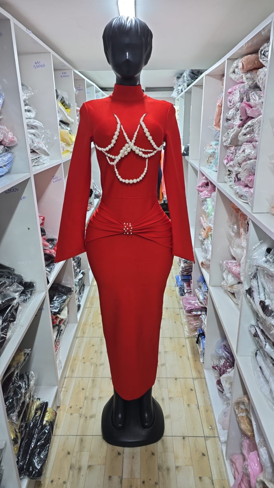 628 Long-Sleeve Corset Midi Dress