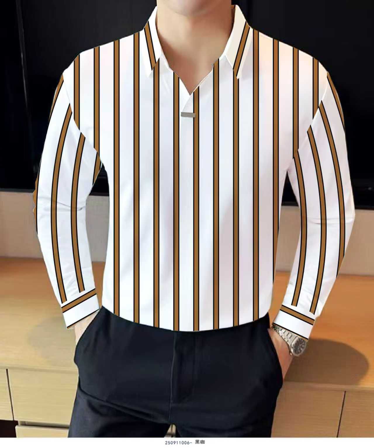 Men's Long-Sleeve Striped V-Neck Polo Shirt