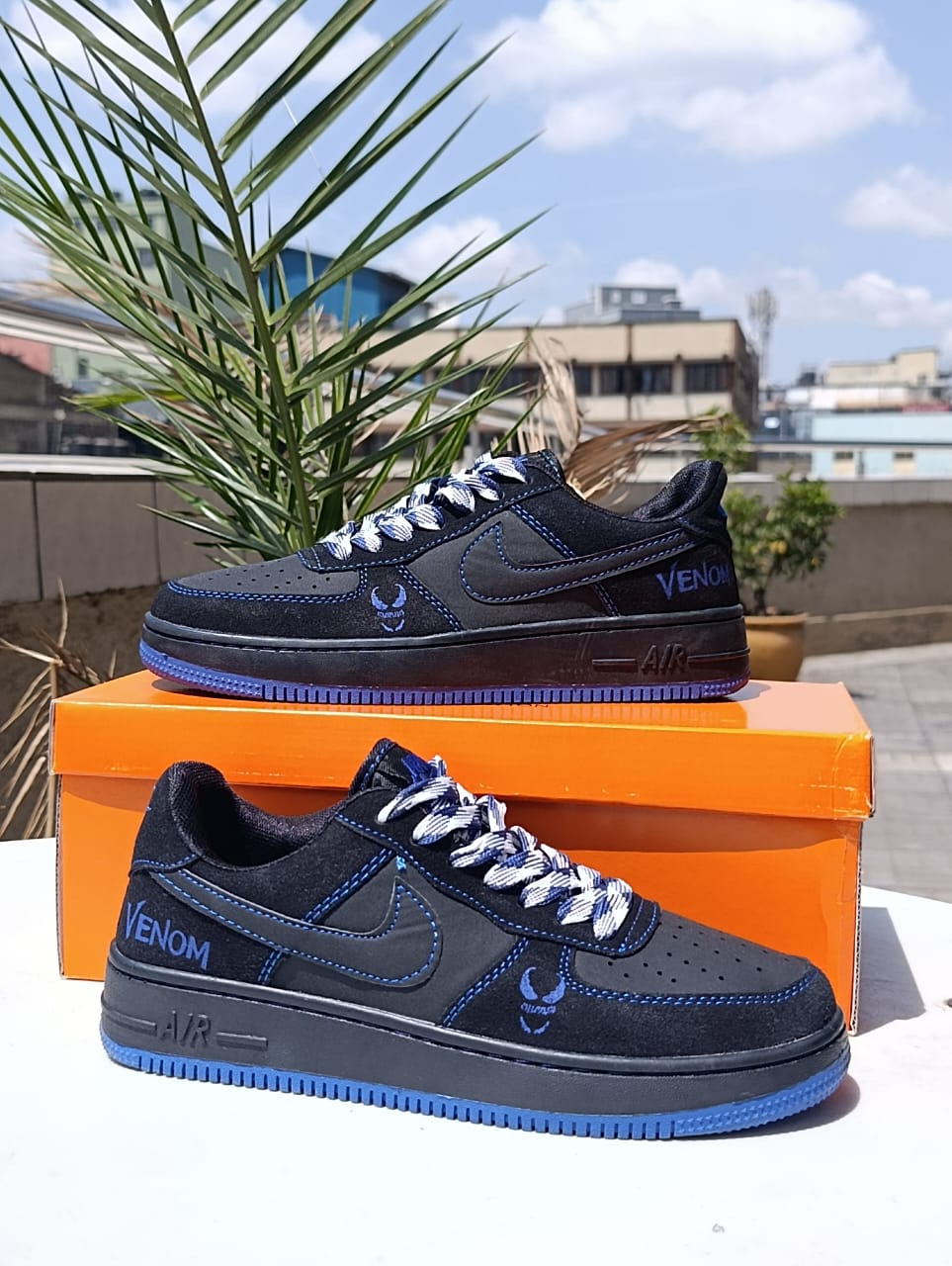 Black and Blue Venom theme Customized Nike Air Force 1 Low sneakers